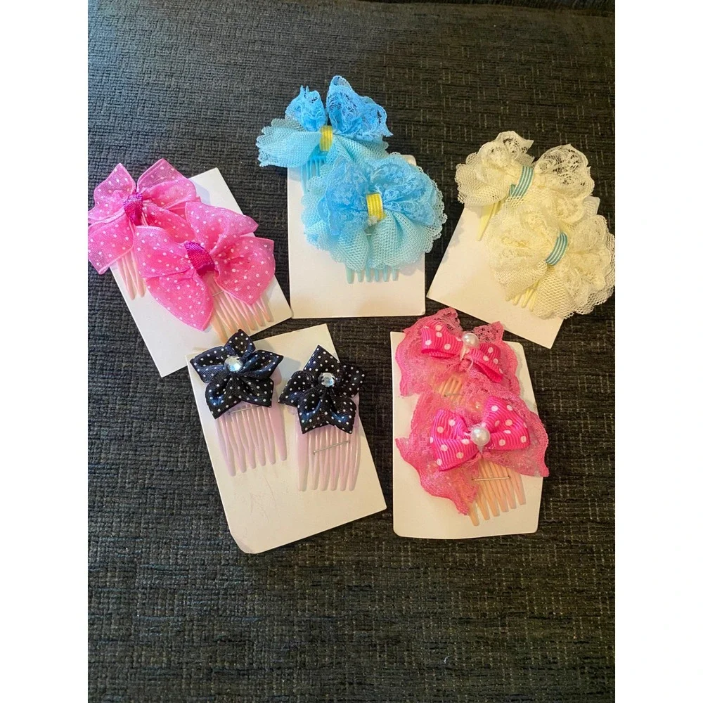 Unbranded Hair Side Combs Girls Multicolor New Bow Lace Polka Dot 5 Pair Lot